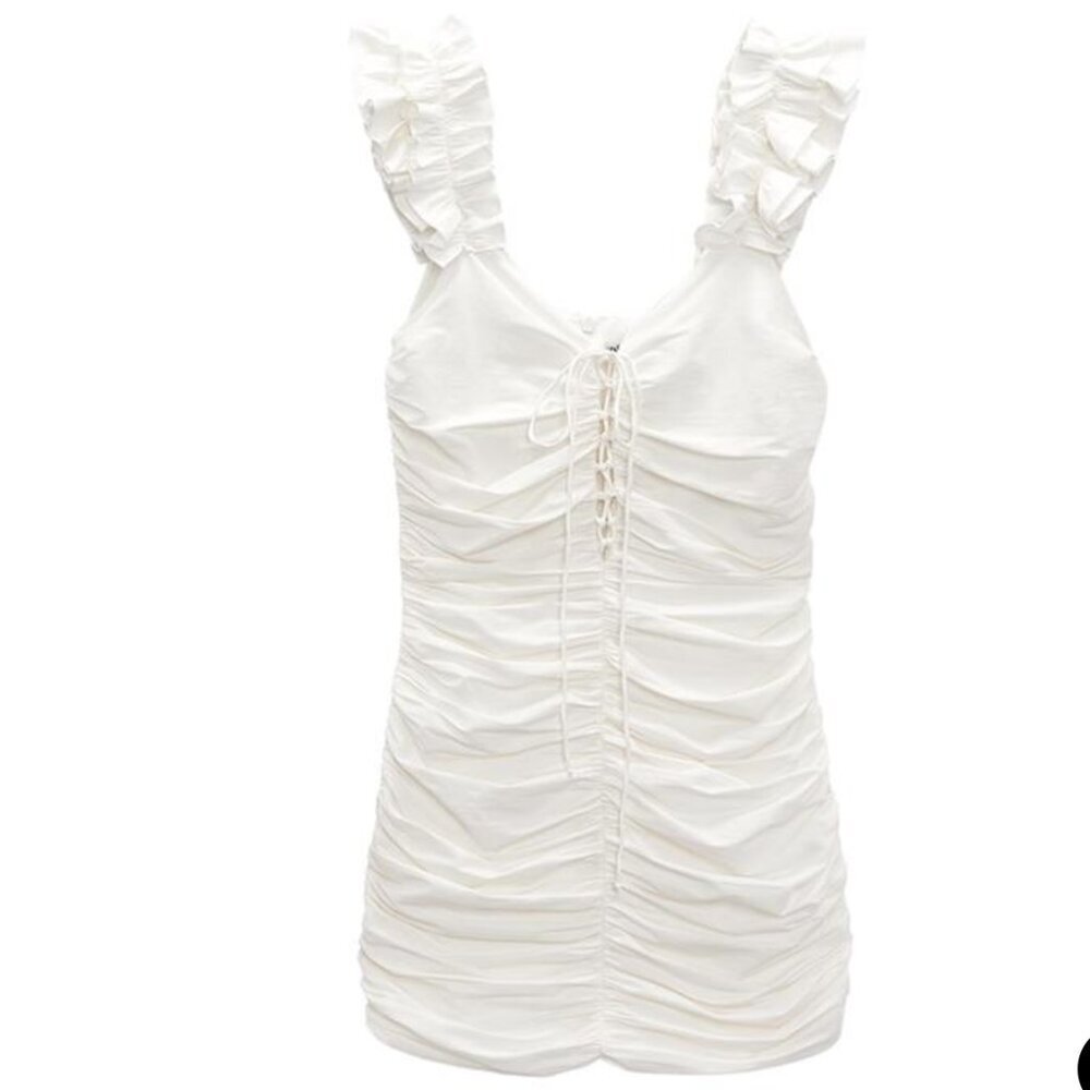 NWT Zara White Ruffle Sleeve Linen Blend Mini Ruched Dress Lace Up tie detail XS - Picture 10 of 15